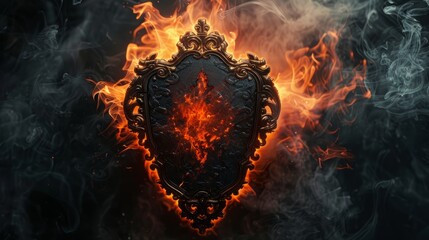 Fiery shield emblem surrounded by swirling smoke and flames at dusk