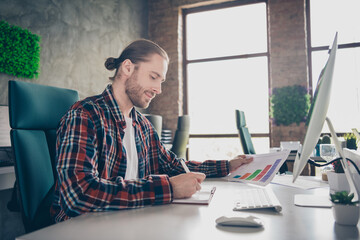 Poster - Profile portrait of young office worker man write notepad wear shirt loft interior business center indoors