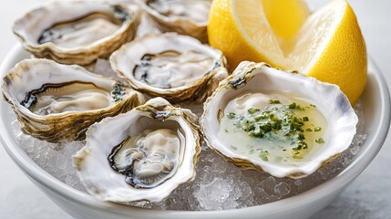 Fresh oysters on the half shell with mignonette sauce and lemon.