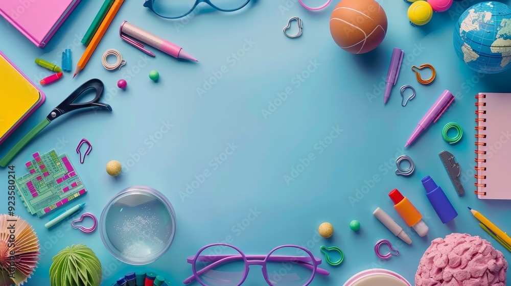 Colorful Border Frame Background with Back to School Supplies on Blue ...