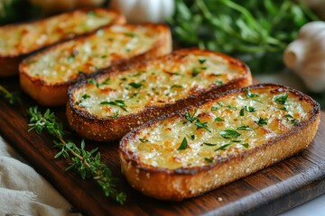 closeup of goldenbrown garlic toasts arranged artfully on a rustic wooden board with fresh herbs scattered around creating an appetizing scene