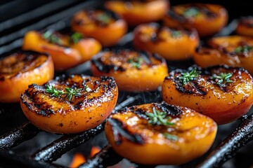 closeup of juicy peach halves sizzling on barbecue grill char marks and caramelization visible wisp of smoke adds depth to mouthwatering summer dessert scene