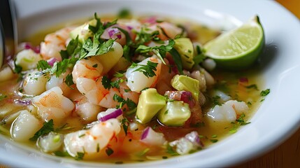 Mixed seafood ceviche with lime juice, cilantro, and avocado.