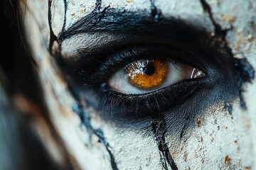 closeup of mysterious witch face partially obscured by shadow intricate makeup textured skin and dramatic lighting create eerie halloween atmosphere