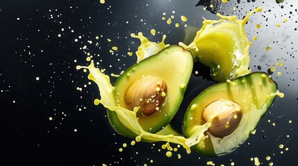 Fresh avocado fruit with water splash closeup view