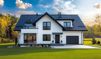 Sticker - white two-story family house with a black roof featuring gable and flat tiles.