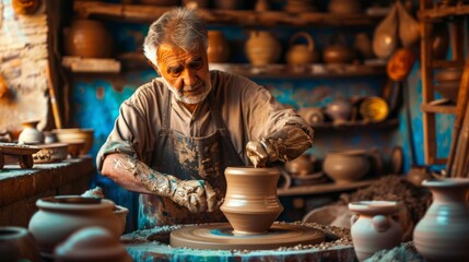 Professional potter making a pot with clay pots on a rotating wheel of a pottery machine in a factory. Folk craft work, creativity and pottery art.