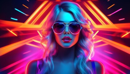 Neon Goddess A stylish blonde woman in sunglasses basks in the vibrant glow of neon lights, her image radiating confidence and allure.