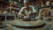 © Sirichat. Camphol - Professional potter making a pot with clay pots on a rotating wheel of a pottery machine in a factory. Folk craft work, creativity and pottery art.