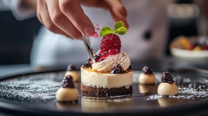 A chef garnishing a dessert with precision, highlighting the care and creativity involved.