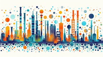 Colorful Frame Border Background Celebrating Labor Day with Industrial Skyline and Festive Dots