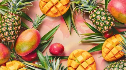 Wall Mural - Tropical fruit pattern featuring mangoes and pineapples with a pastel color palette