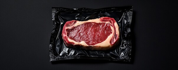 Wall Mural - Fresh raw red meat beef steak in vacuum-sealed packaging on black background