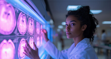 Poster - A medical expert examines brain scans illuminated on a lightbox, focused on diagnosis in a hospital environment.