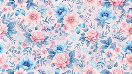 Poster - Soft pink and blue floral pattern perfect for backgrounds and decorative designs, floral, vibrant, pink, blue, flowers
