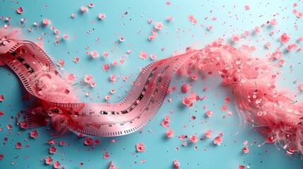 Sticker - World Photography Day Celebration with Pastel Background and Pink Film Strip Surrounded by Flower Petals