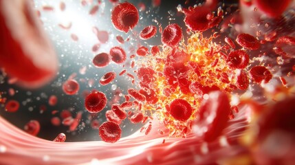 close-up 3d illustration of red blood cells flowing in an artery, microbiology, detailed textures, h