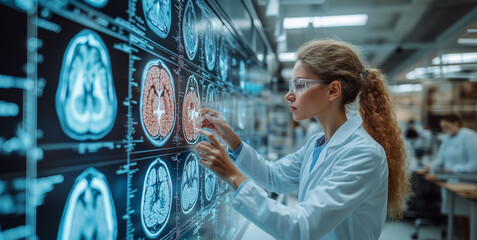 Poster - A research scientist examines brain scans displayed on digital screens in a contemporary lab setting.