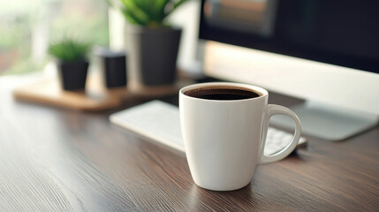 A clean and simple desk setup with a coffee cup, representing a calm and focused work environment.