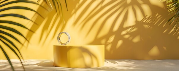 Canvas Print - Yellow Platform with Ring and Palm Leaf Shadows