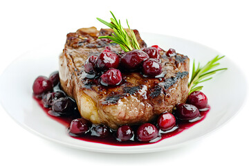 Juicy steak with cranberry sauce isolated on white
