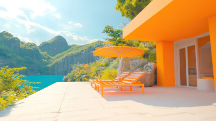 A vibrant orange lounge area on a terrace with two bright orange lounge chairs, an umbrella, and scenic background of mountains by the water on a sunny day.