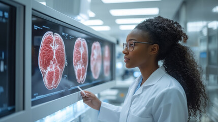 Poster - A scientist studies detailed brain scans on a large screen, focused on research in a high-tech laboratory setting.