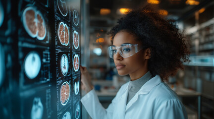 Poster - A researcher analyzes brain scans while wearing protective glasses in a modern lab filled with medical equipment.