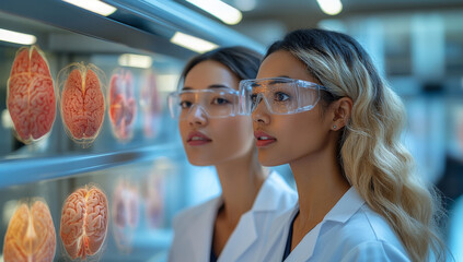Poster - Two scientists analyze detailed brain models while wearing protective glasses in a modern research environment.