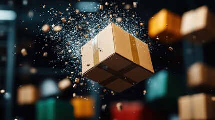 Wall Mural - This image showcases a box bursting open, emitting a cascade of particles, set against the background of a storage environment filled with an assortment of boxes.