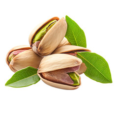 Pistachios in shell with leaves isolated on transparent or white background 