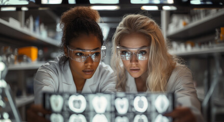 Poster - Two women in lab coats analyze X-rays closely under bright laboratory lights, demonstrating scientific inquiry and collaboration.