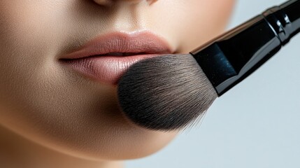 Wall Mural - brush,Portrait of a beautiful young woman A close-up of a makeup brush applying blush to the cheeks.