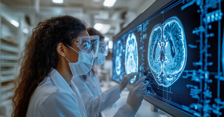 Poster - Scientists in lab coats examine detailed brain scans on a large monitor, focusing on neurological research and analysis.