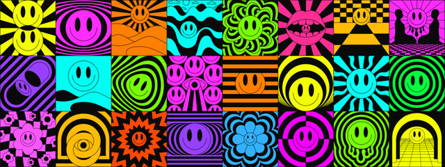 Wall Mural - Acid Clipart Smile Illustrations. Cool Psychedelic Pattern Background. Trippy Pop Art Backdrop.