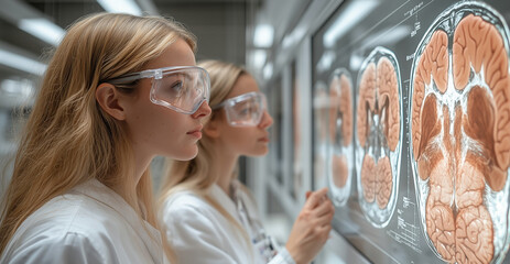 Poster - Scientists in lab coats study detailed brain scans, focusing intently on the complex neurological images displayed on large screens.