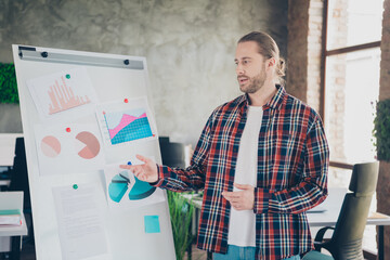 Poster - Portrait of young office worker man whiteboard presentation wear shirt loft interior business center indoors