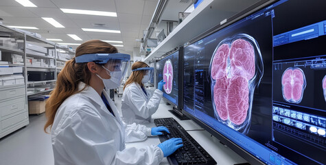Poster - Researchers in lab coats and safety gear examine brain images on computer screens, focused on their analysis in a modern laboratory.