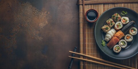 Advertising banner with images of sushi and wok on a red background