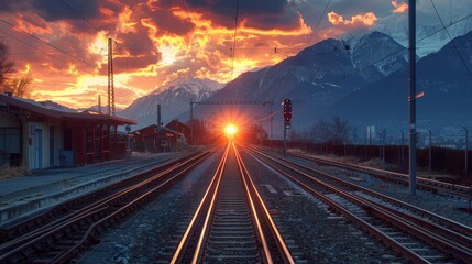 Wall Mural - Sunset over train tracks with mountains in the background at a rural station