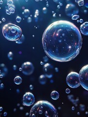 Wall Mural - Close-up of multiple floating bubbles on a dark background, captured with a stunning clarity and detail, creating a mesmerizing visual effect.