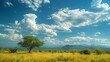 © FryArt - Lush landscape with solitary tree under a blue sky filled with clouds in a vast wilderness