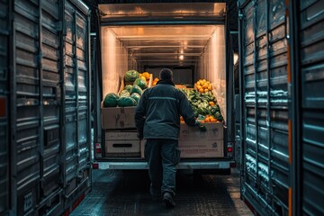 A person unloading fresh produce from a delivery truck in a dimly lit environment.