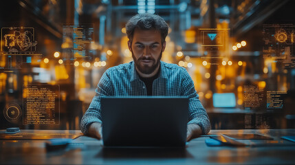 Wall Mural - businessman using laptop surrounded by productivity icons, industrial management concept, lean cost 