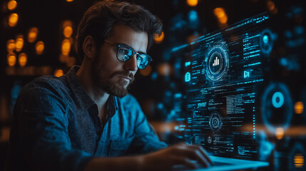 Wall Mural - businessman with laptop, automation icons on virtual screen, workflow optimization, automated busine