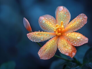 Canvas Print - A close-up of a blooming flower with water droplets during early morning light in a garden setting