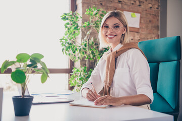 Sticker - Photo portrait of lovely young lady working administrator dressed stylish garment modern workplace office coworking indoor