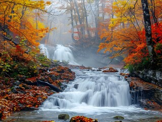 Canvas Print - Waterfalls cascading through vibrant autumn foliage in a misty forest