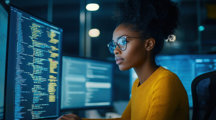 Black woman programming or working on tech projects in a state-of-the-art office setting.