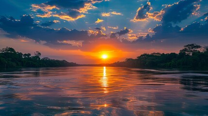 Wall Mural - Sunset over tranquil river with vibrant clouds reflecting on the water's surface